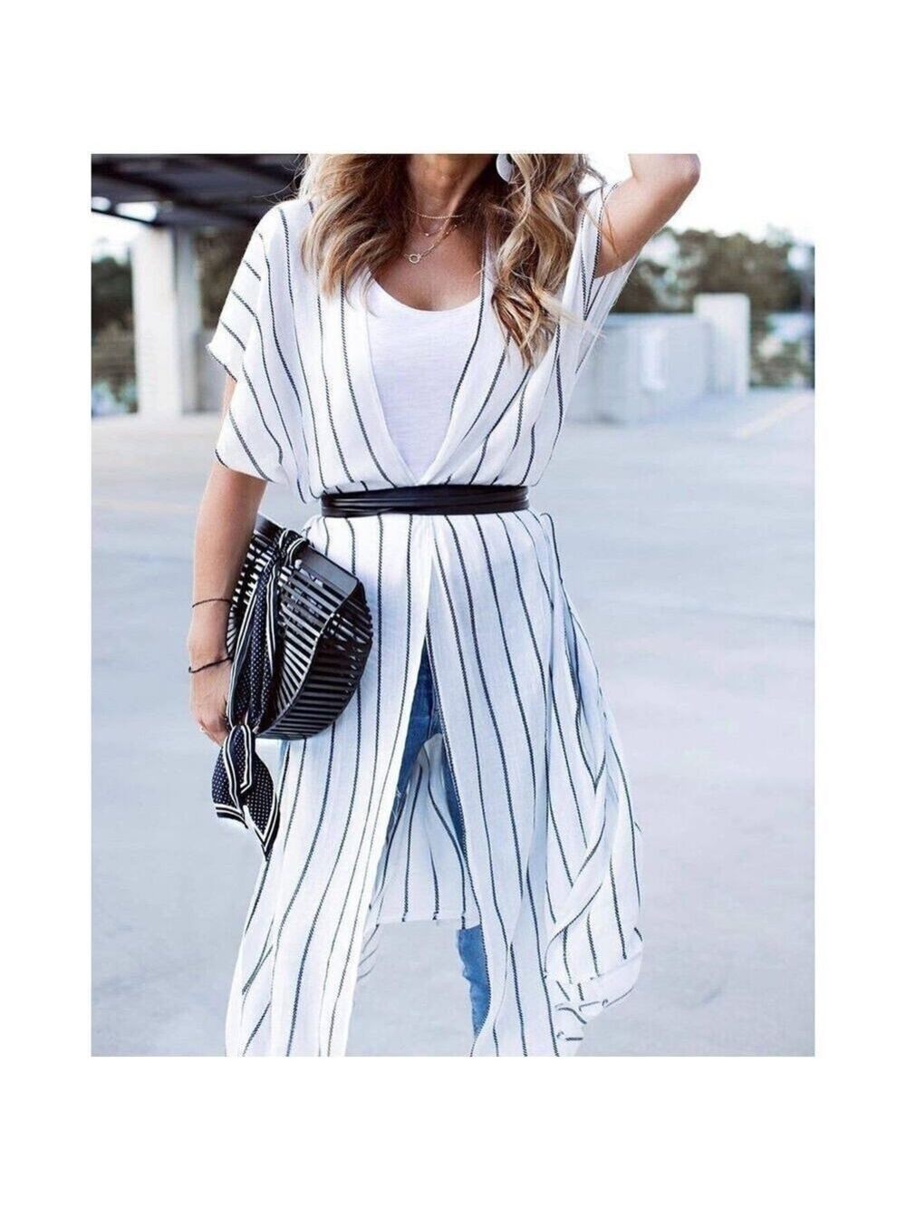 Womens Fashion Stripe Short Sleeve Kimono Outerwear Womens One Size Fit Most S-L